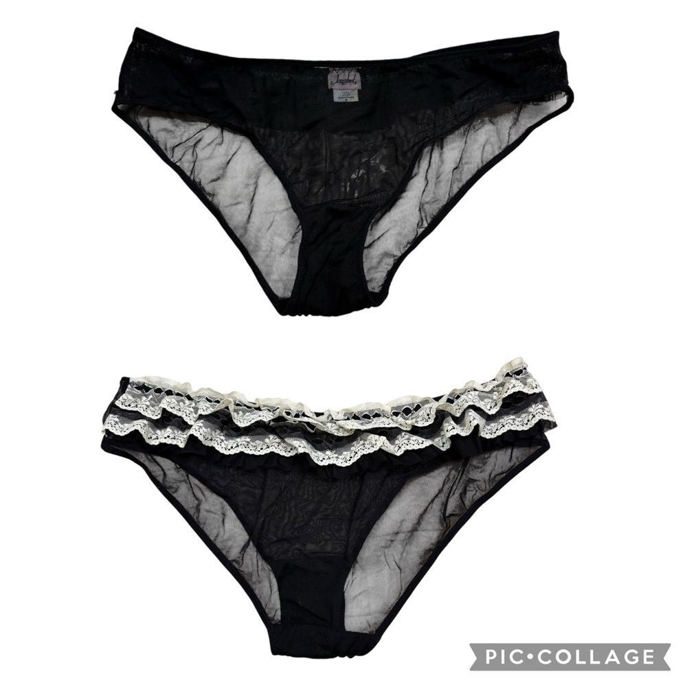 Ladies Jezebel Black and Ivory Sheer Panties with Lace Ruffle on Back Medium